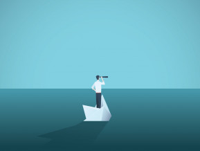 Cilvēks grimstošā laivā skatās tālumā, ilustratīvs attēls